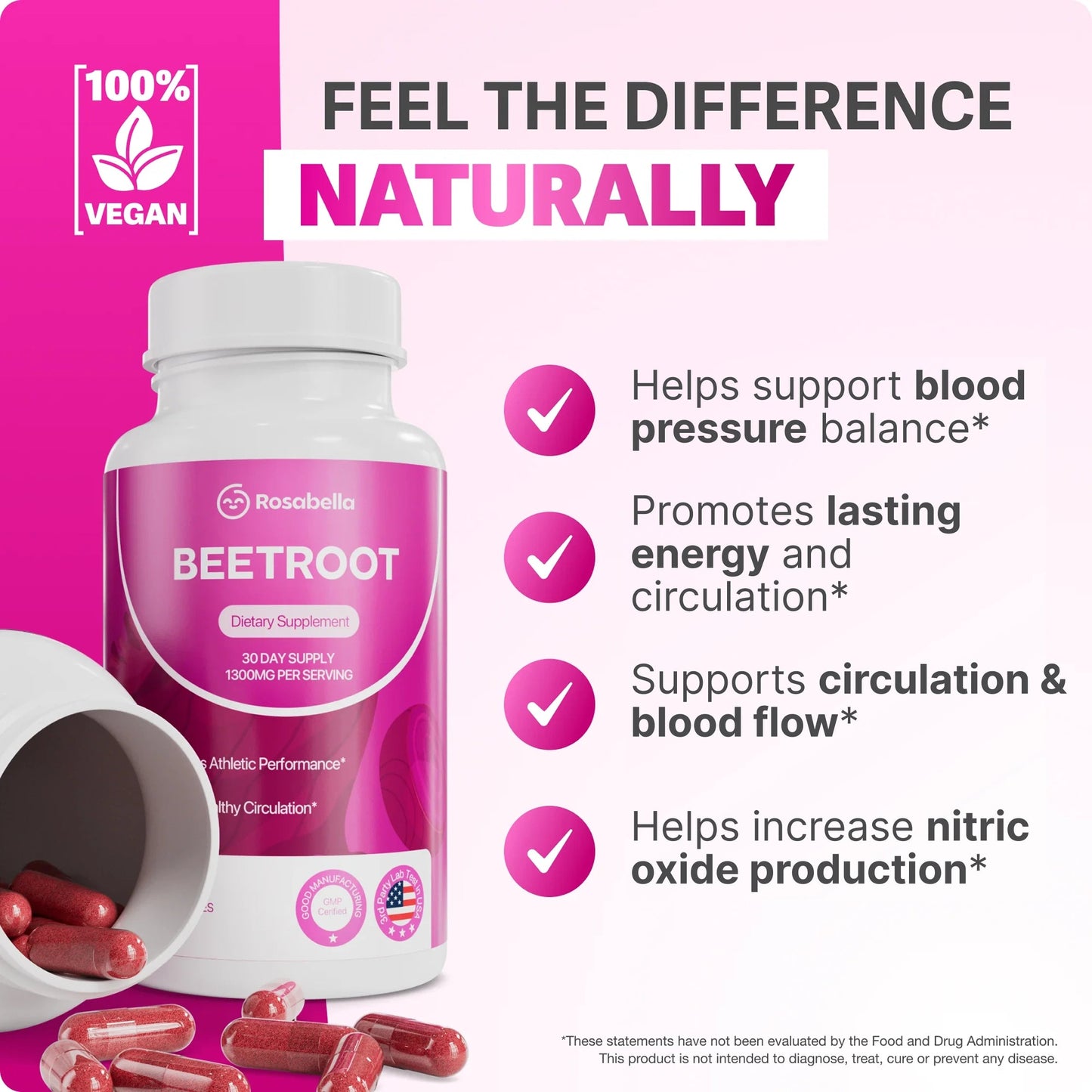 Rosabella Organic Beet Root Capsules - 1300mg Beet Root Powder Aids Healthy Circulation & Vitality, Non-GMO, Beet Root Supplement - 60 Capsules, 30-Day Supply